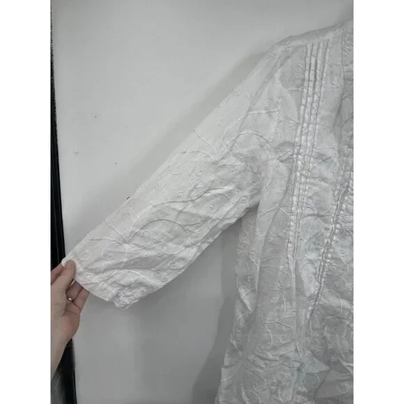 Kenar 100% Linen Shirt Women XL White Embroidered Roll Tab Sleeve Coastal Beach - Picture 6 of 8